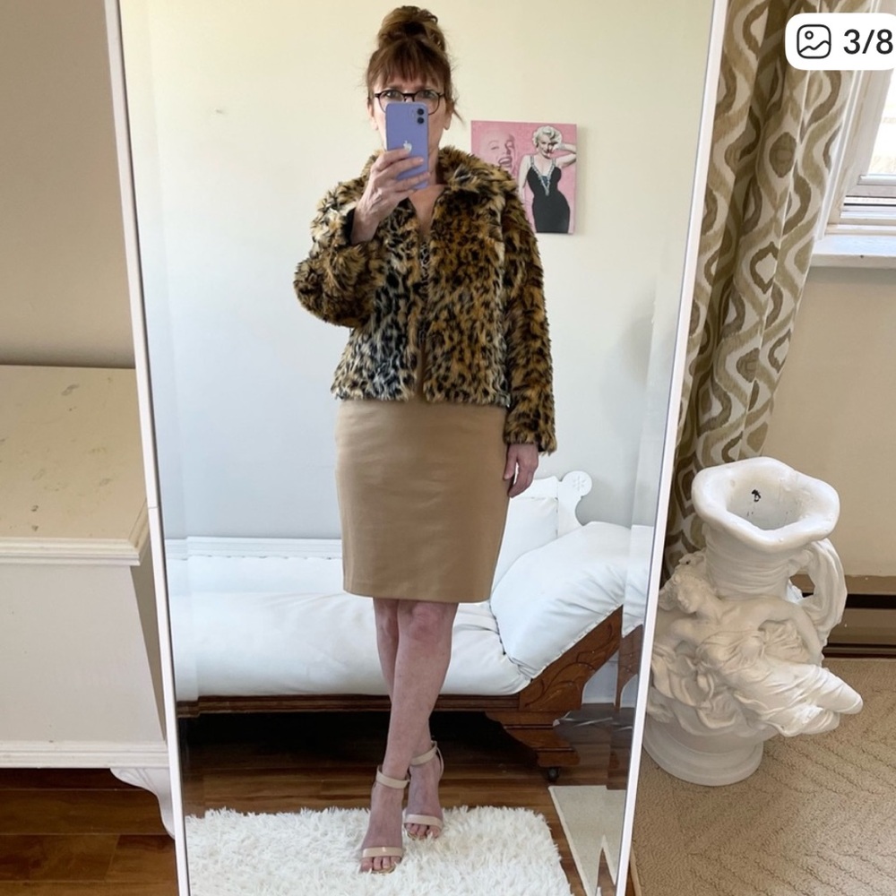 NWT TAN KHAKI CAMEL PENCIL SKIRT ZIPPER SLIT STRETCH WAIST NEUTRAL EARTH TONE